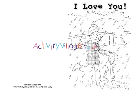 Walking in the rain with dad colouring card