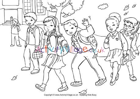 Walking to school colouring page