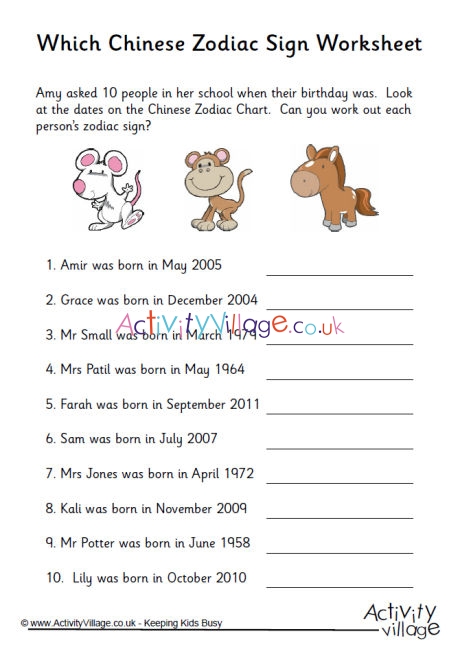 Which Chinese zodiac sign worksheet 1