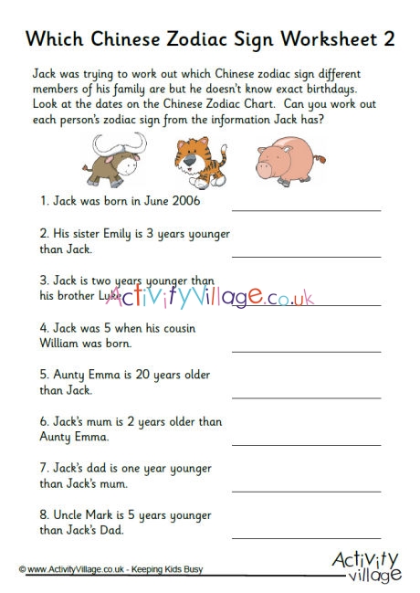 Which Chinese Zodiac Sign Worksheet 2