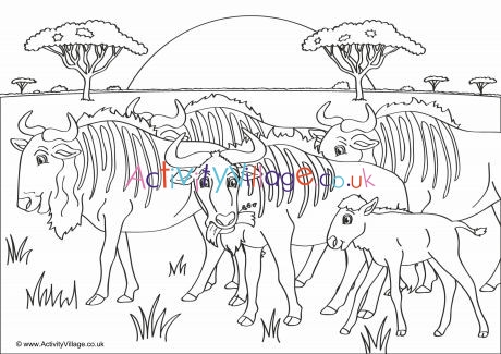 Wildebeest Scene Colouring Page