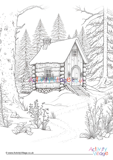 Winter cabin colouring page