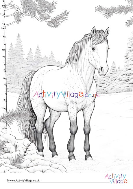 Winter horse colouring page 1