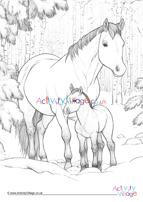Winter horses colouring page