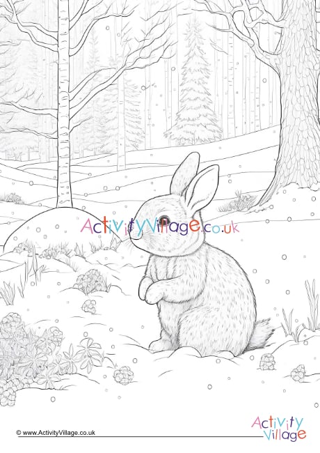 Winter rabbit colouring page 1