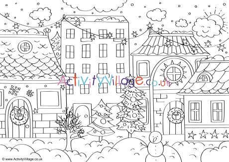 Winter Street Colouring Page
