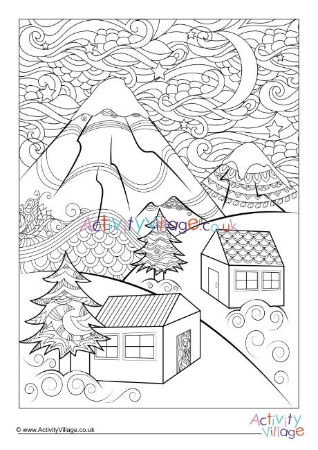 Winter village doodle colouring page 2