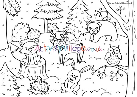winter woodland colouring page