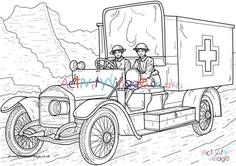 Women ambulance drivers WWI colouring page