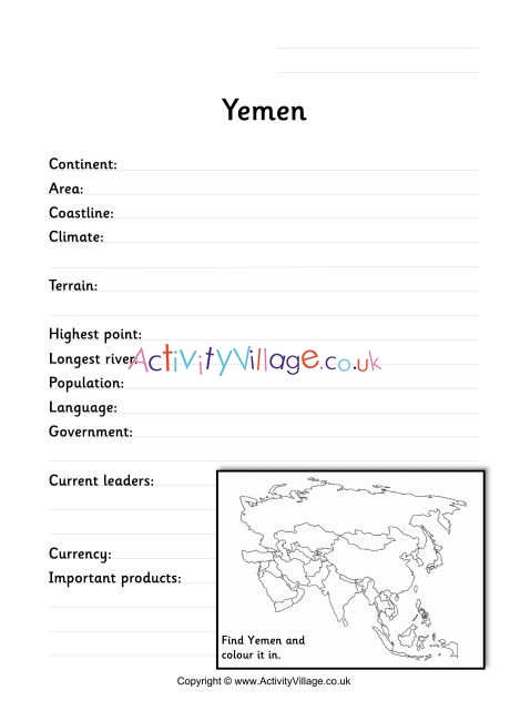 Yemen Fact Worksheet