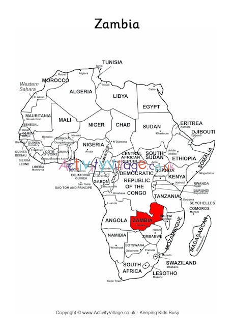 Zambia on map of Africa