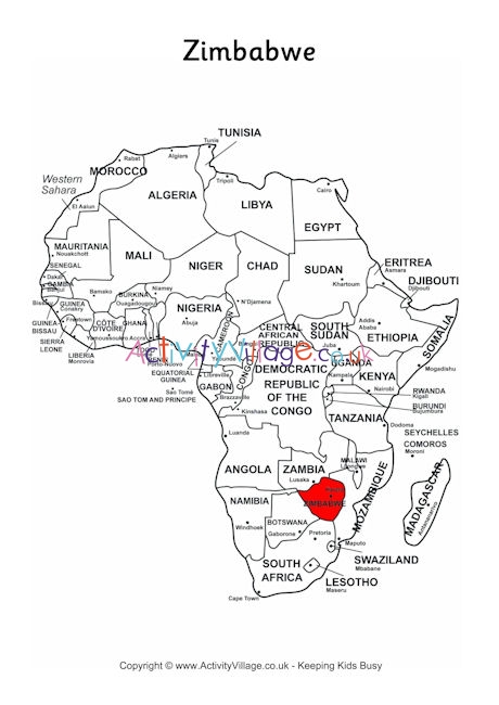 Zimbabwe on map of Africa